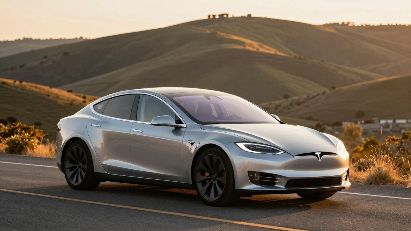 Tesla Model S on a scenic road at sunset.