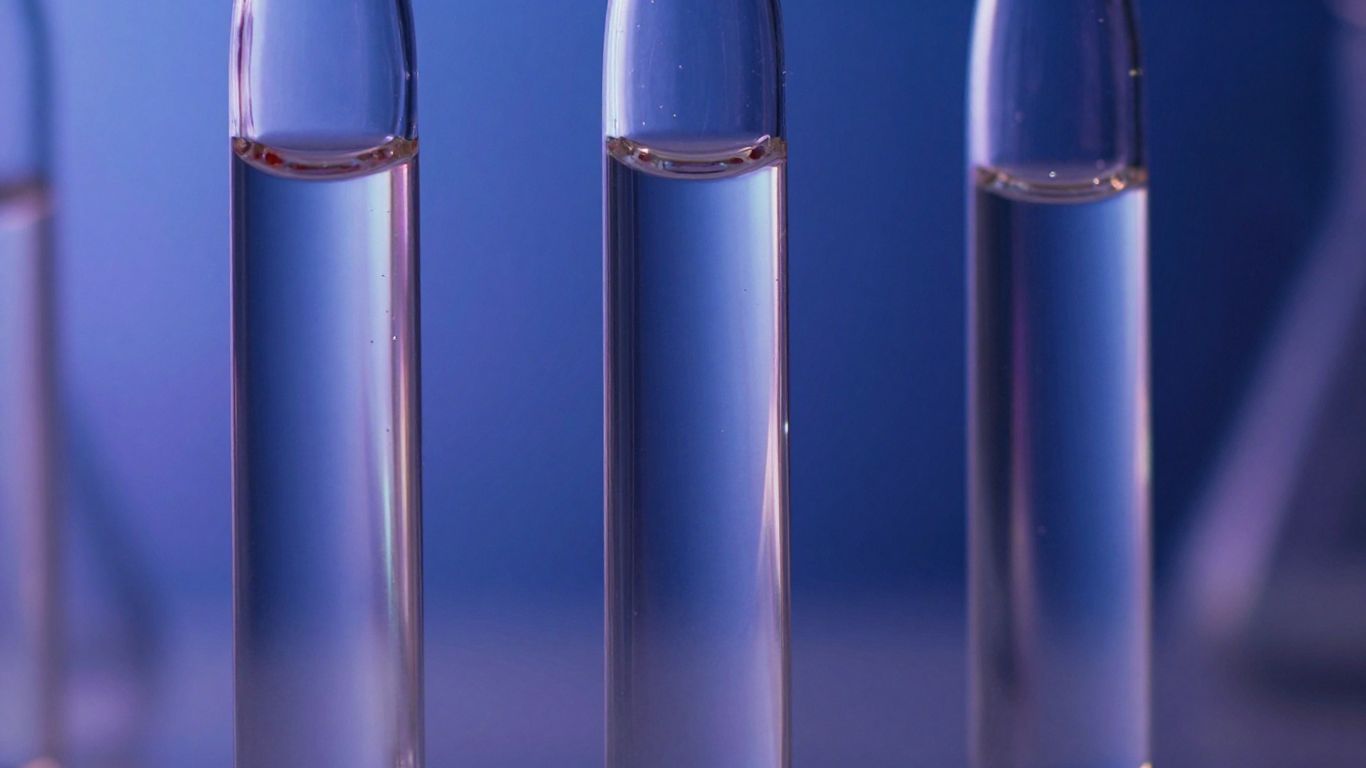 Vials of shimmering peptides with glowing light.