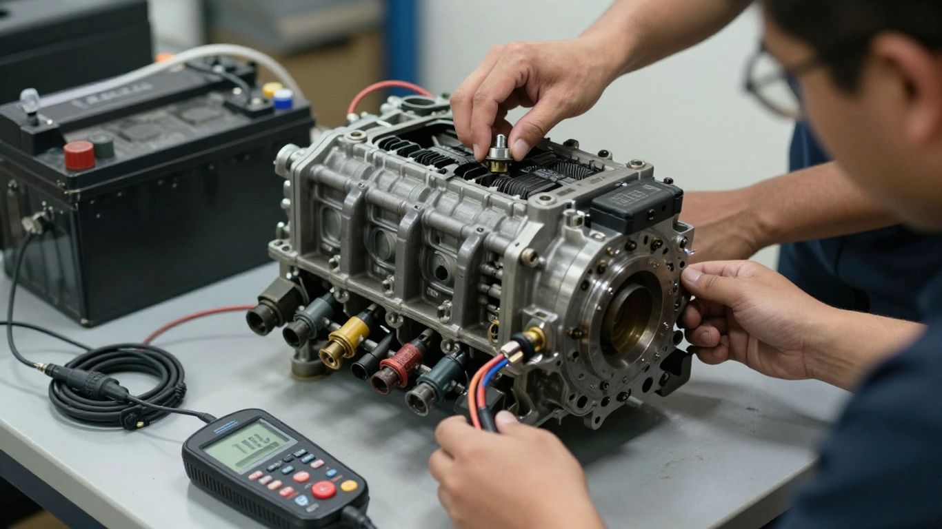 Technician inspecting a corroded transmission control module