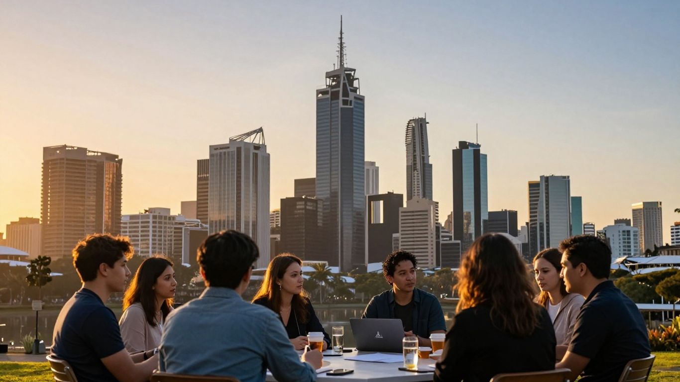 Australian entrepreneurs planning startup growth in a modern city.