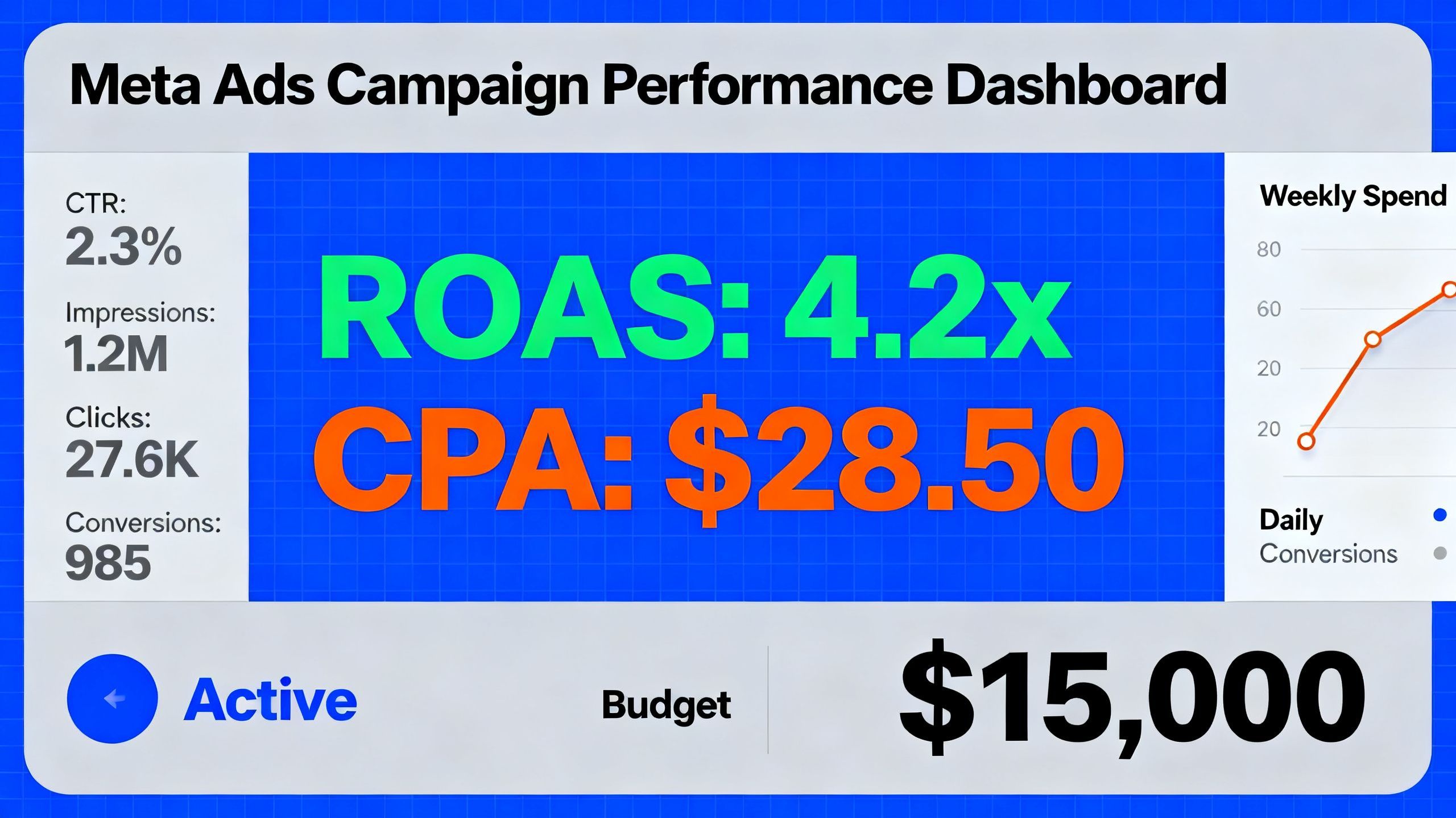 A dashboard showing key performance indicators (KPIs) for a successful Meta Ads campaign, with ROAS and CPA clearly highlighted.