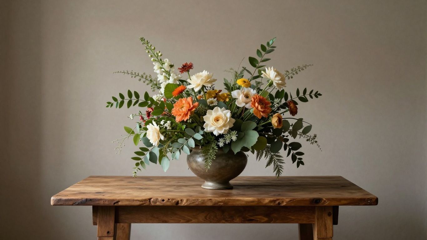 Wedding flowers on a rustic table
