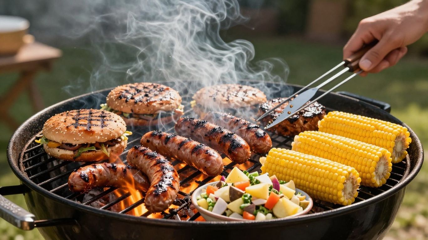 Grilled burgers and sausages on a barbecue grill with side dishes.