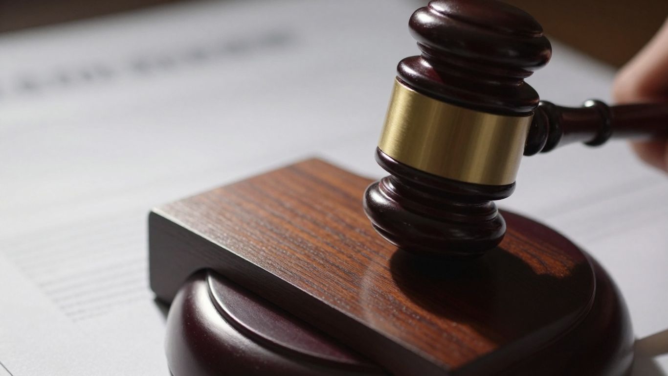 Gavel hitting wood block, legal documents background.