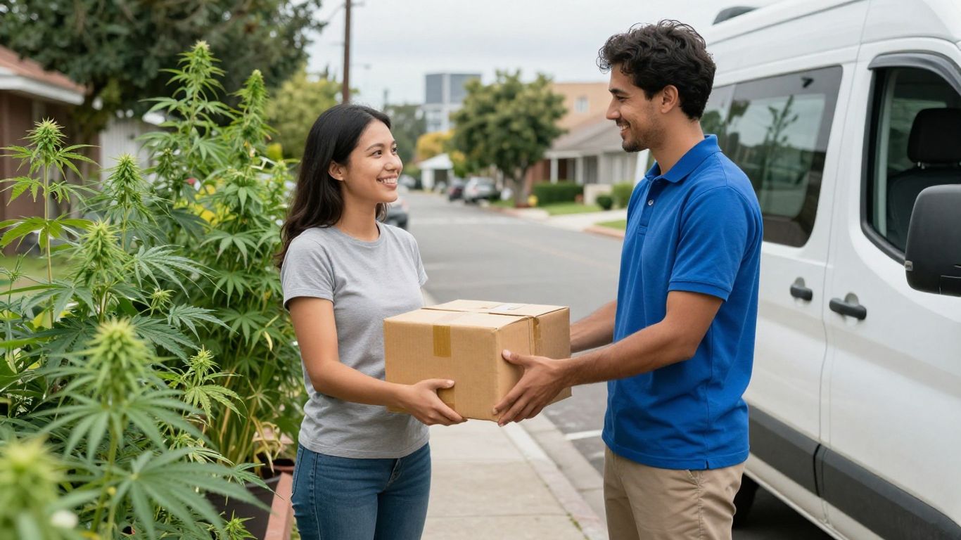Delivery driver giving cannabis package to happy customer