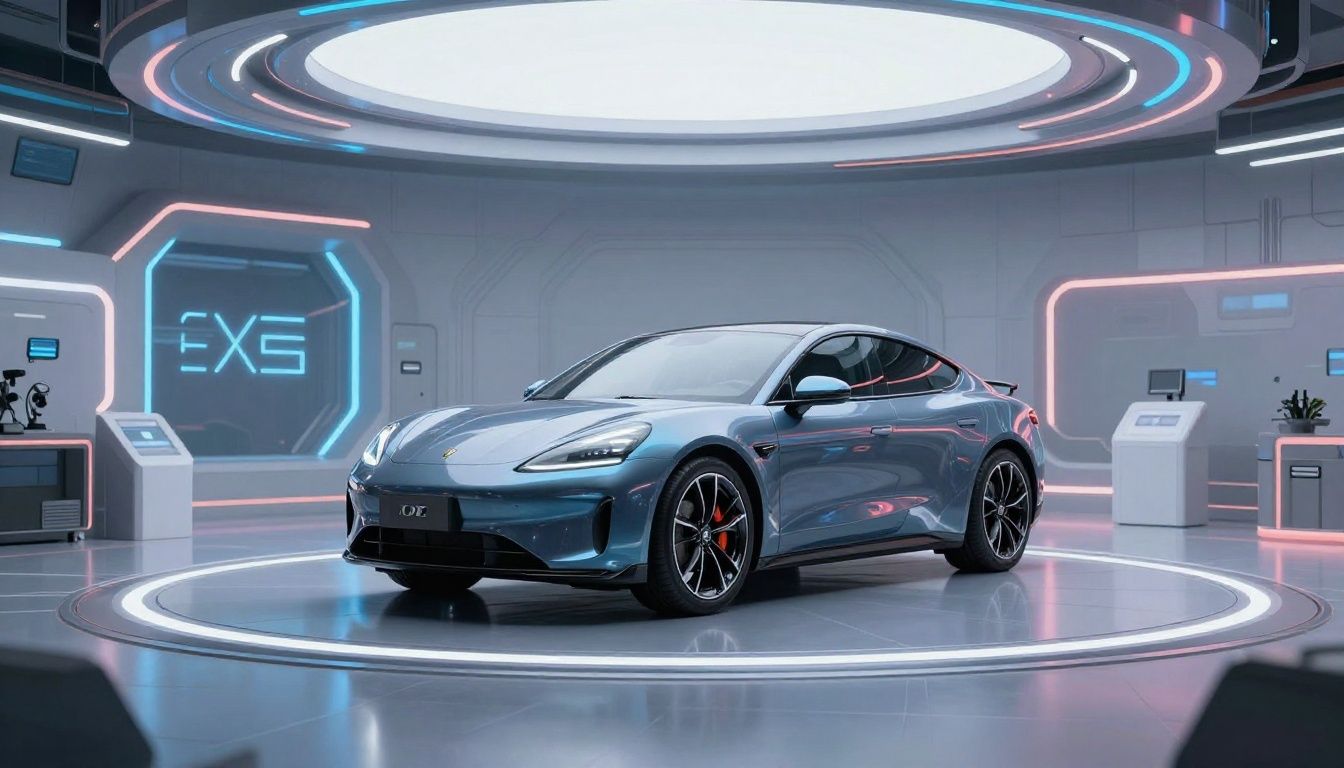 Carro equipado saltando em uma arena futurista com luzes neon