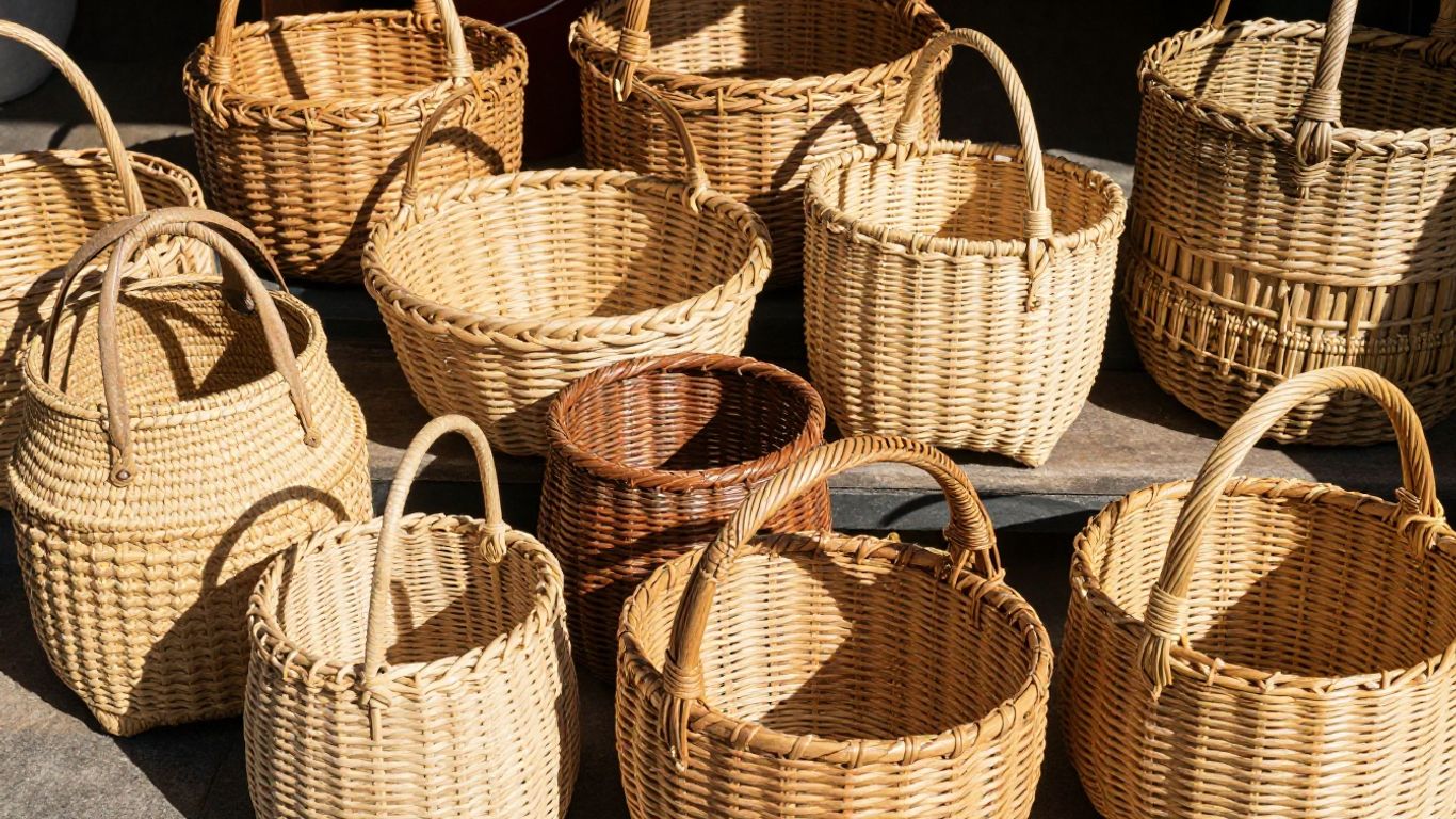 Assortment of natural woven baskets in various sizes.