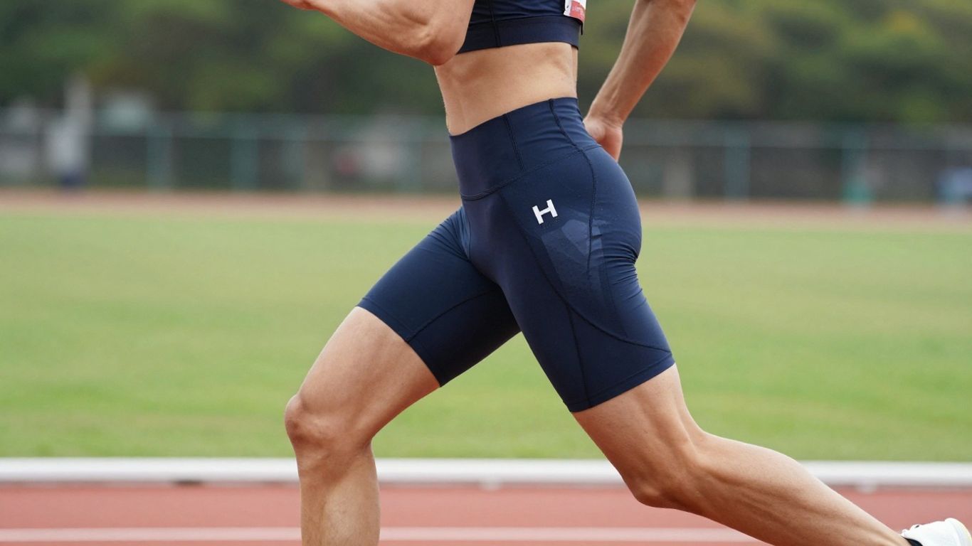 Athlete wearing H Sports workout shorts on a track.