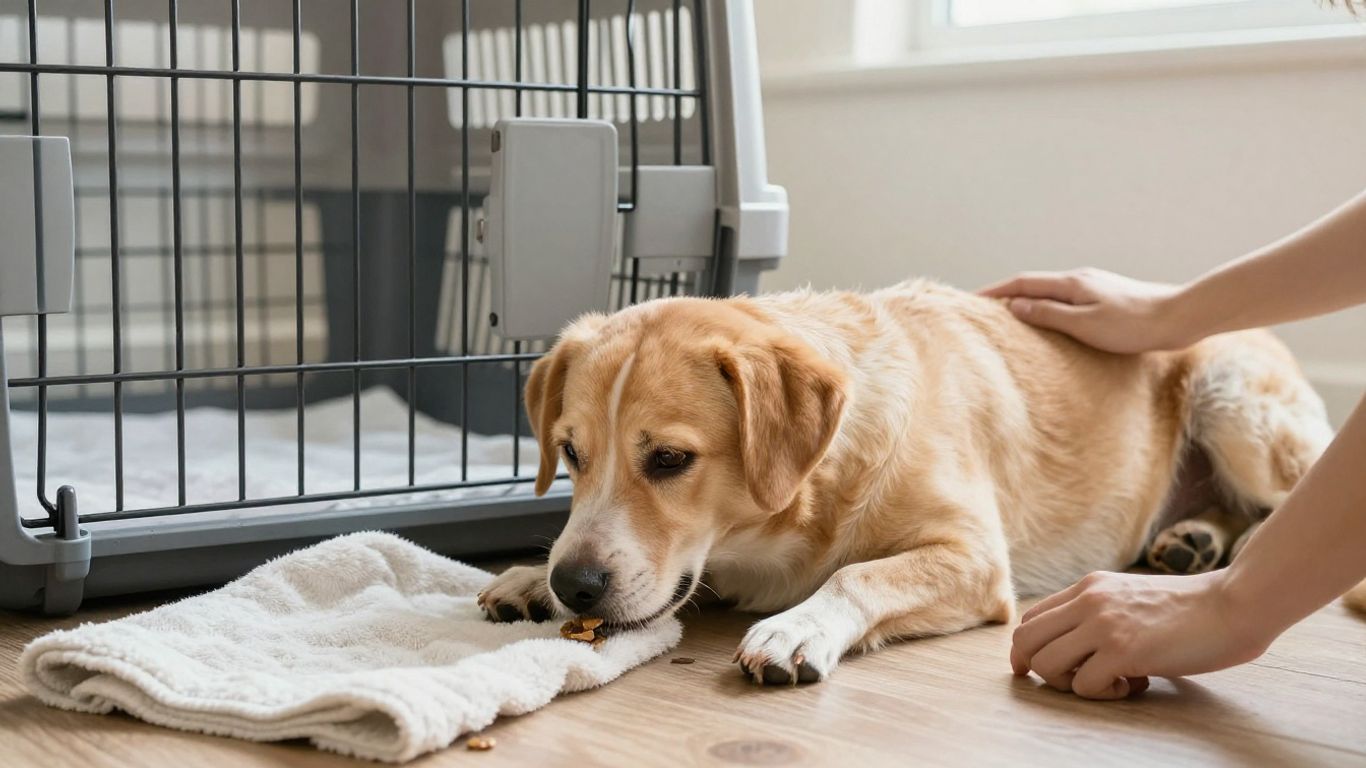 Dog taking a treat beside an open crate
