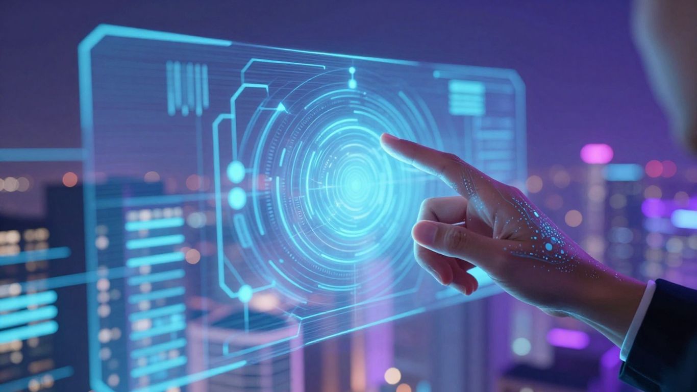 Interfaz holográfica con ciudad futurista y manos interactivas.
