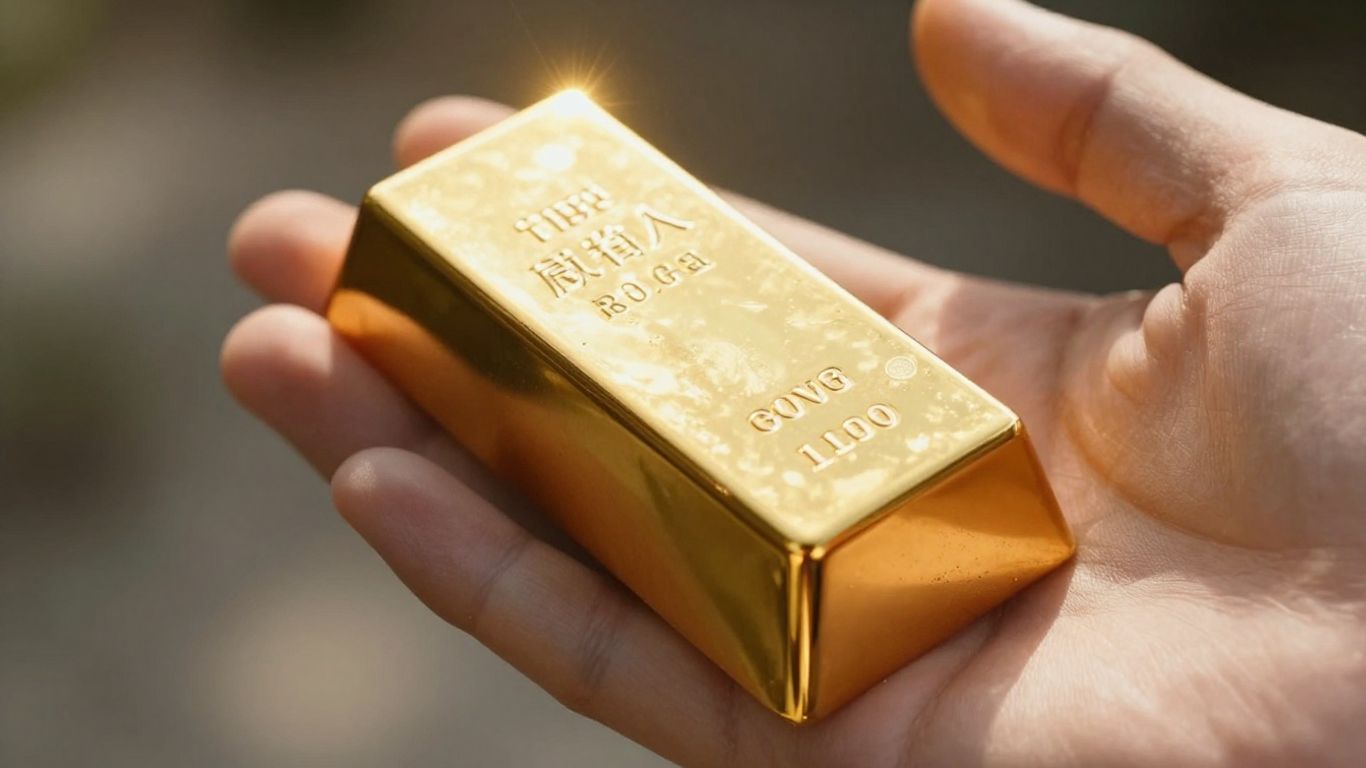 Lingotto d'oro lucente tenuto in mano