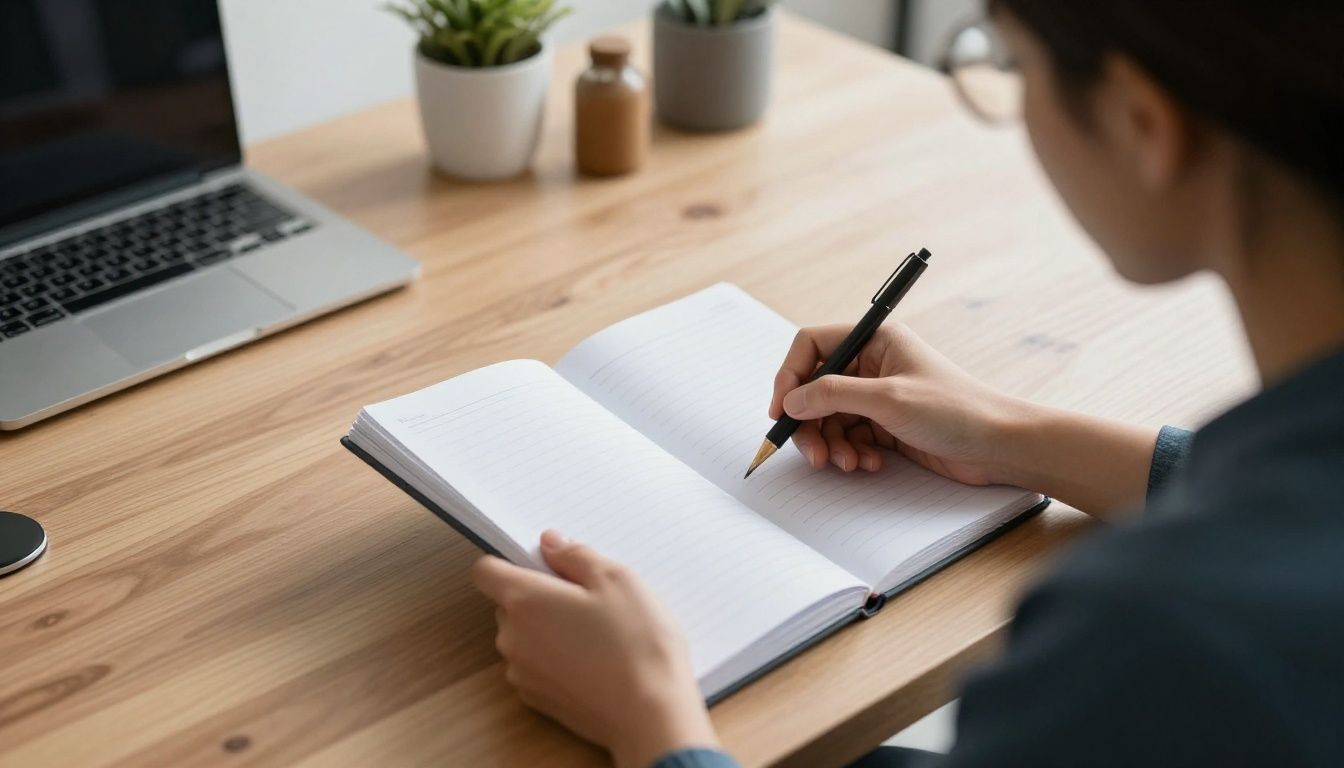 A clean, modern workspace with a focused professional looking at a journal, symbolizing clarity and intentional progress after a period of distraction, bright and inspiring office atmosphere.
