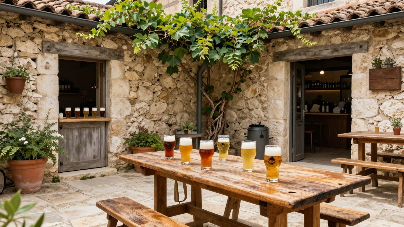 Frothy craft beer glasses on a rustic French table.