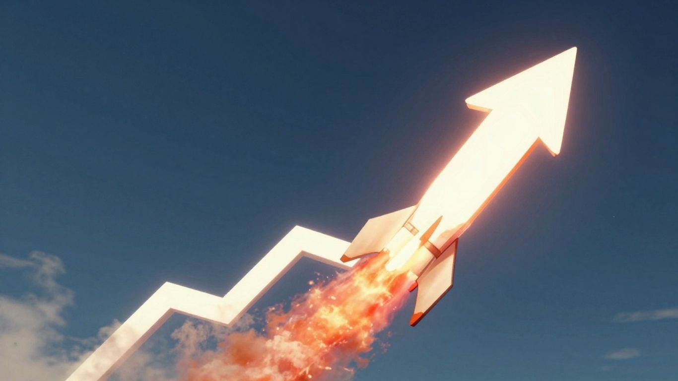Rocket ascending with upward trending arrow.