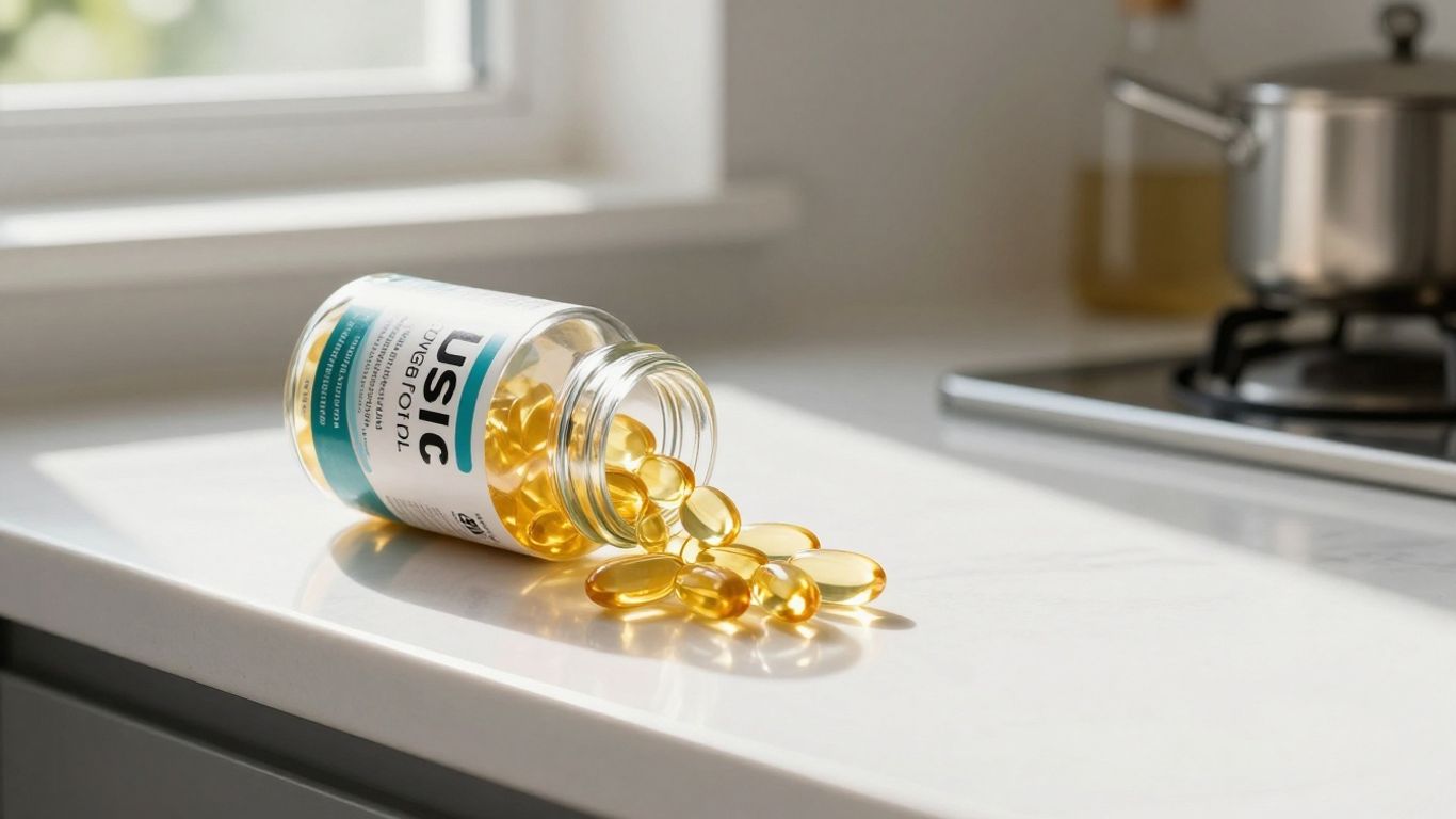 Lysi Omega 3 bottle and capsules on kitchen counter