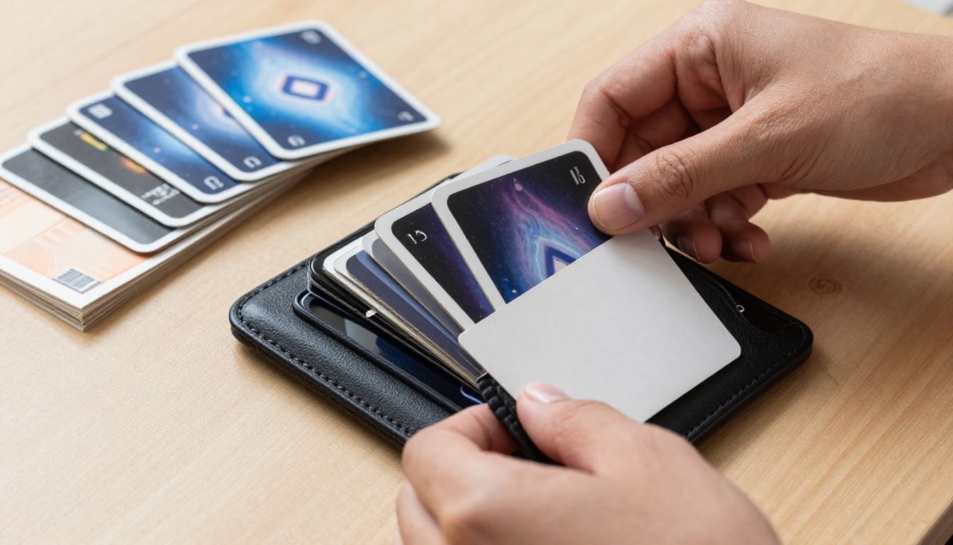 A close-up of a person's hands neatly organising cards and a few folded notes into a stylish Galaxy S25 wallet case.