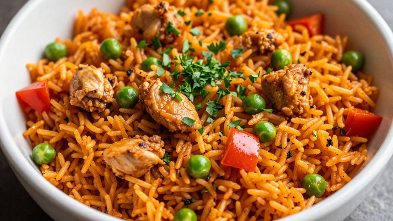 Bowl of authentic fried Spanish rice with peas and chicken.