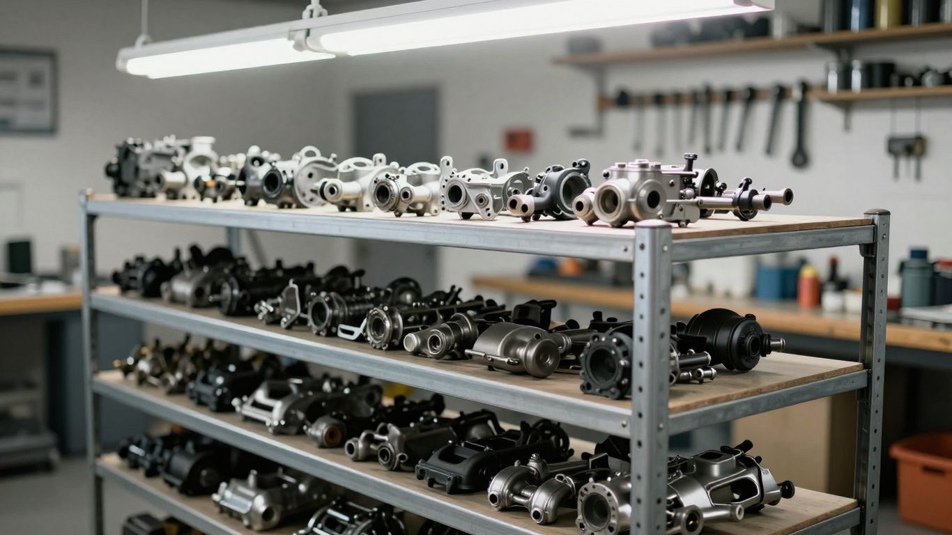Interior view of a workshop with organized car parts