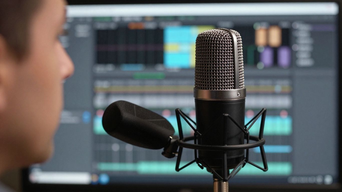 Micrófono profesional y software de edición de audio.