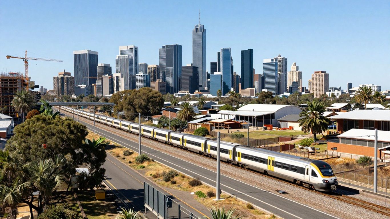 Australian highway, train, and city skyline with cranes.