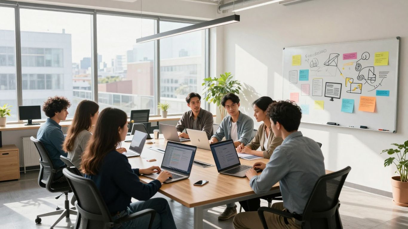 Digital marketing team collaborating in a modern office.