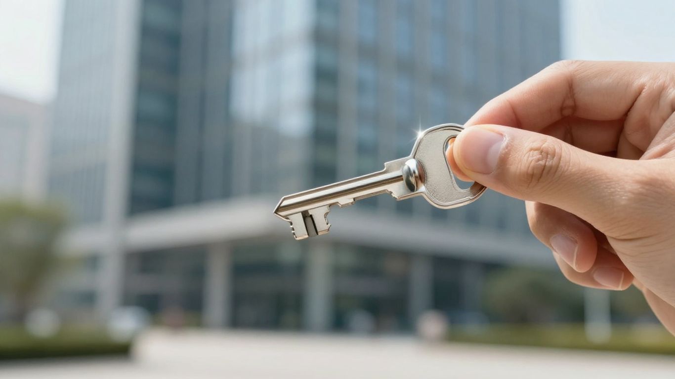 Hand holding a glowing key, business growth concept.