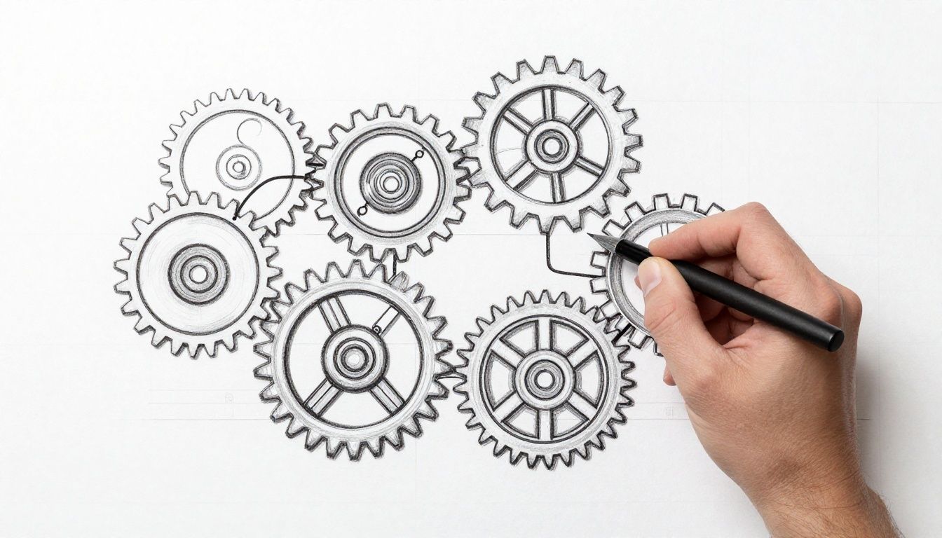 A blueprint of a well-designed life, showing gears and pathways connecting a person's vision to their daily actions and goals.