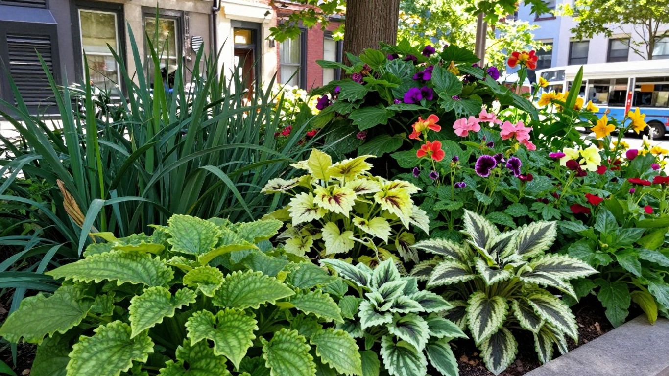 Stauden mit buntem Laub und Blüten im Stadtgarten.