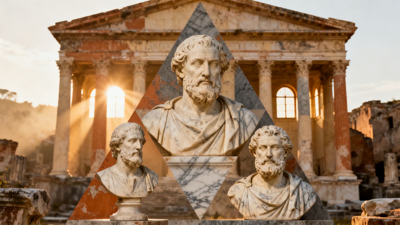 Busts of famous philosophers like Socrates, Plato, and Aristotle.