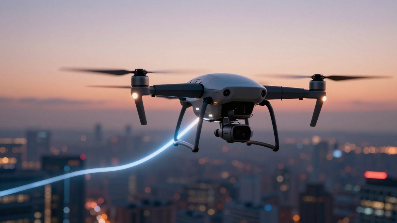 Drone with fiber optic cable connecting to cityscape.