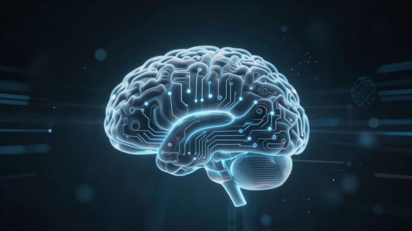 Abstract AI brain with glowing circuitry on a dark background.