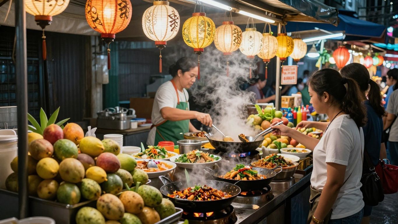 Străzi aglomerate cu mâncare stradală delicioasă în Bangkok.