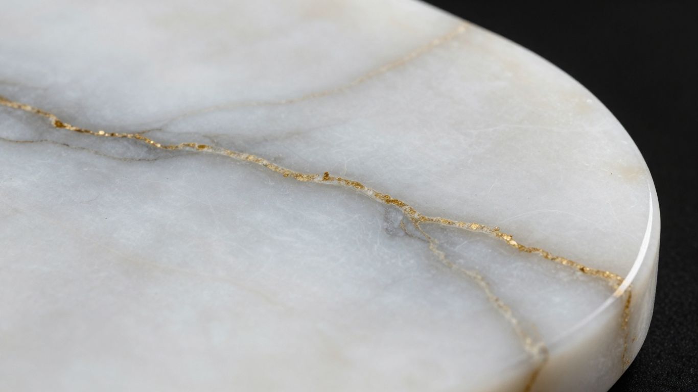 Polished White Macaubas quartzite slab with grey and gold veins.