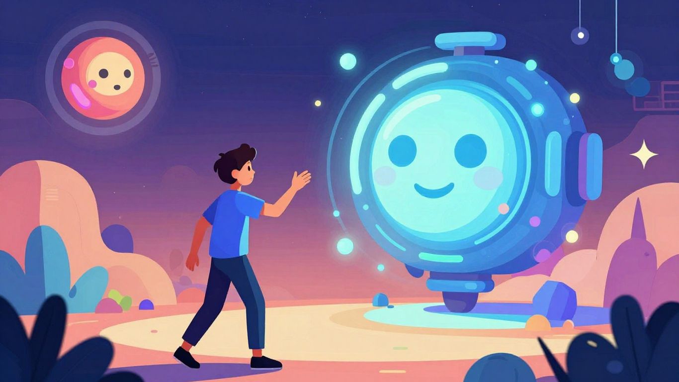 Human and AI in a futuristic dialogue.