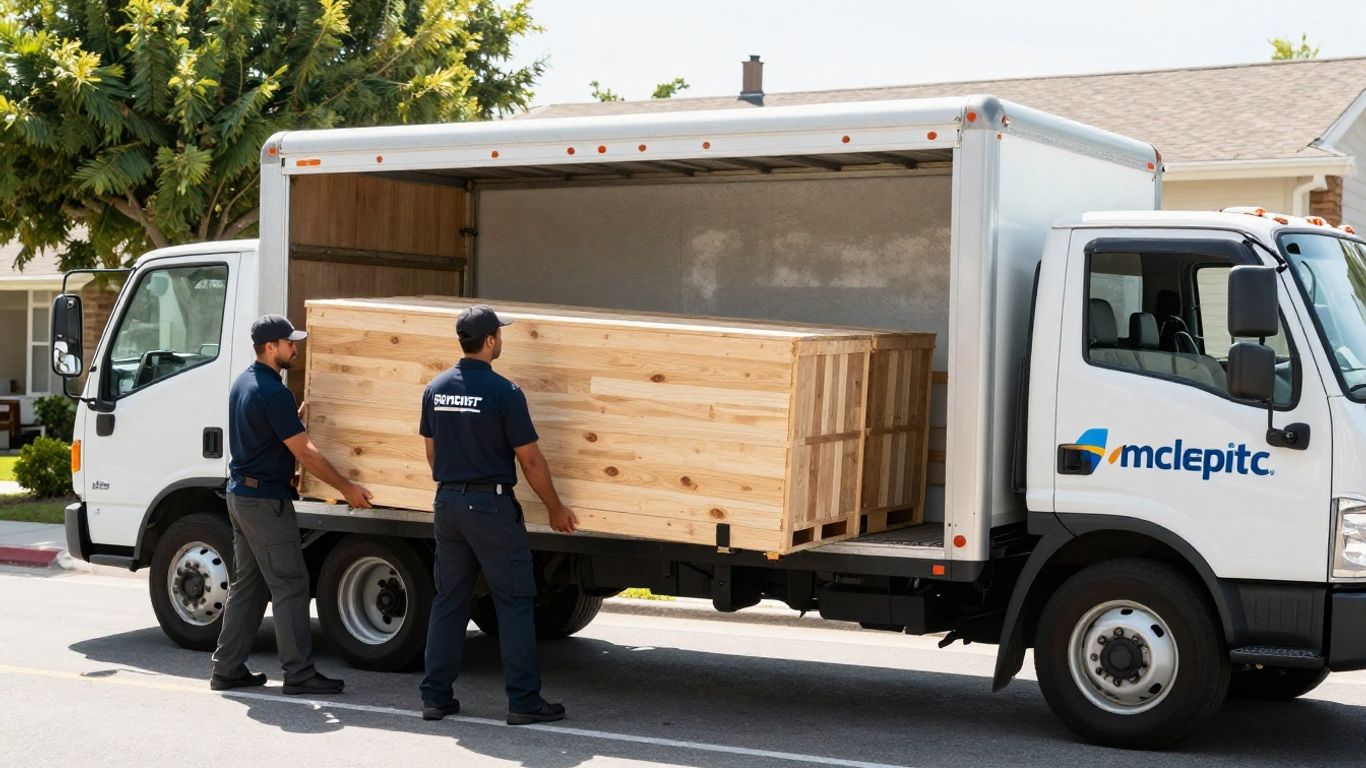 Professional movers loading a truck with a crate.