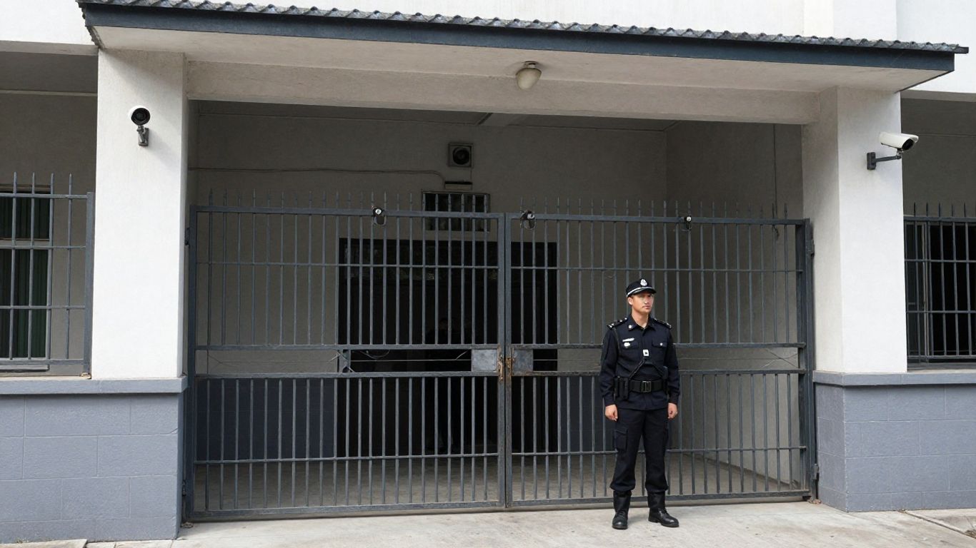 Immigration detention center exterior with security measures.