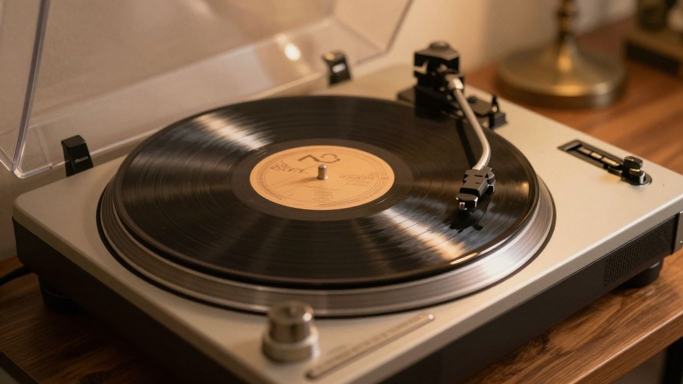 Close-up of a vintage record player with a vinyl record.
