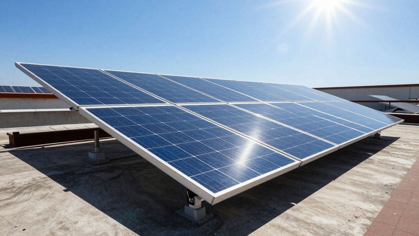 Panneaux solaires sous un ciel bleu lumineux.