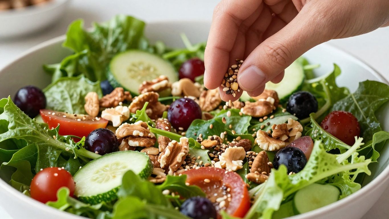 Colorful salad bowl with fresh ingredients and seeds.