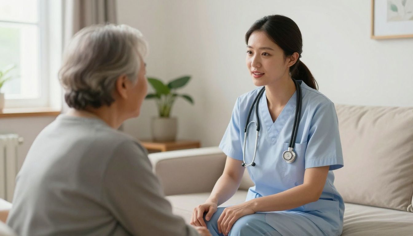 A professional nurse speaking calmly and compassionately with an older adult patient in a warm, sunlit living room of a family home, signifying a balance of clinical care and personal connection.