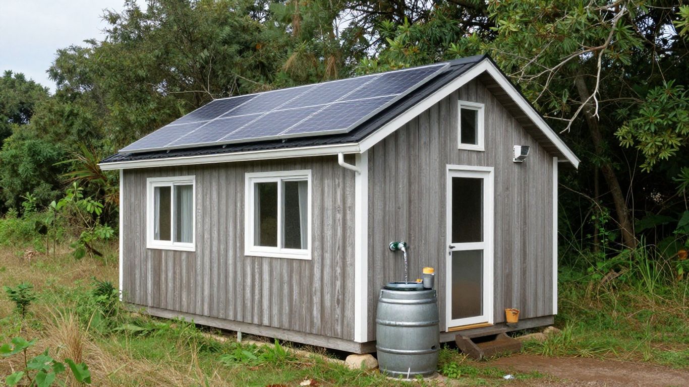 Tiny home with solar panels and water collection.