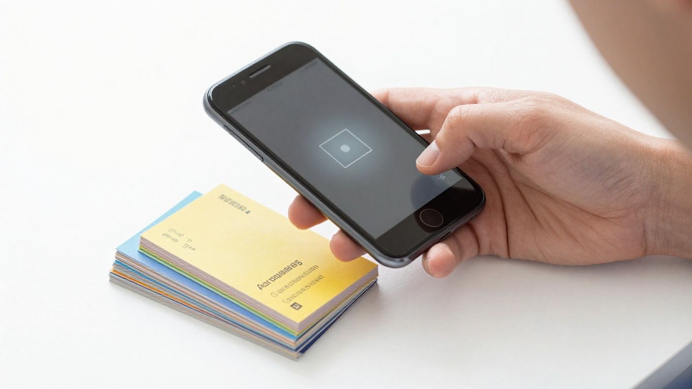 A smartphone scanning a business card on a table