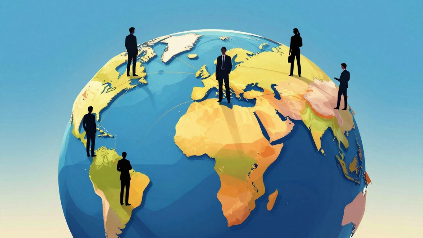 Globo terráqueo con personas y conexiones globales.