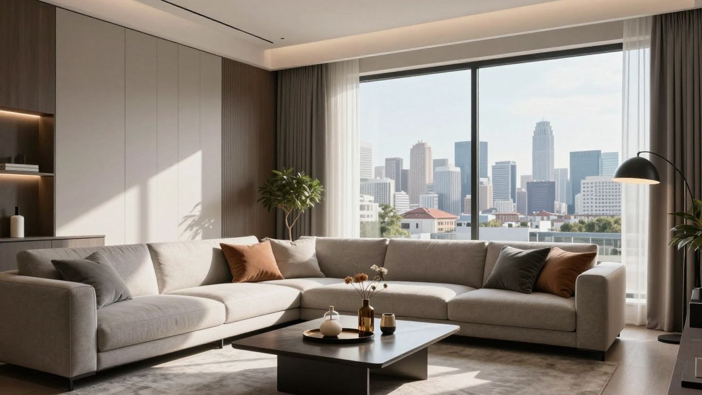 Sala de estar moderna con vista a la ciudad.