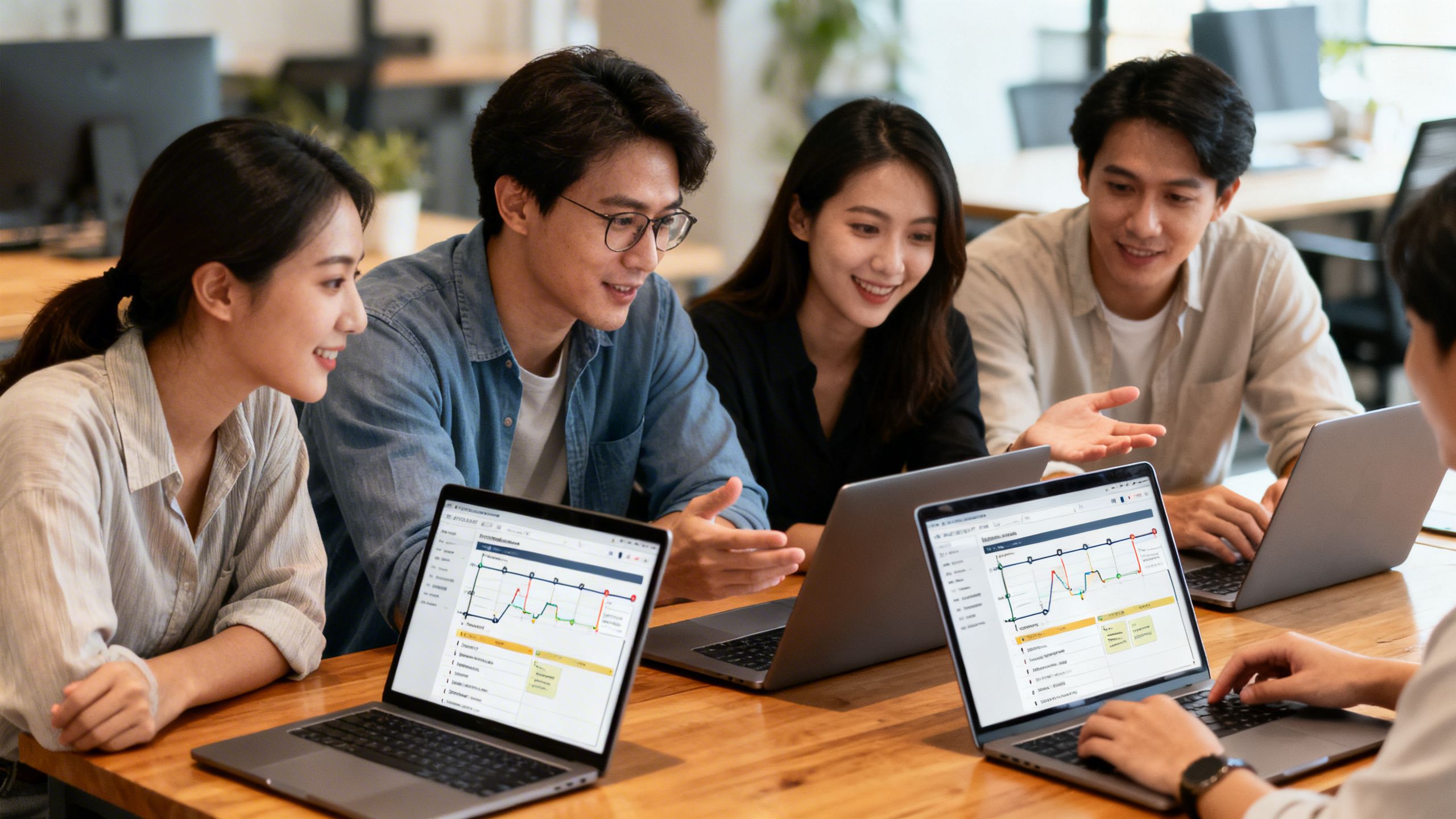 A small team collaborating around a desk with laptops, discussing a project pipeline