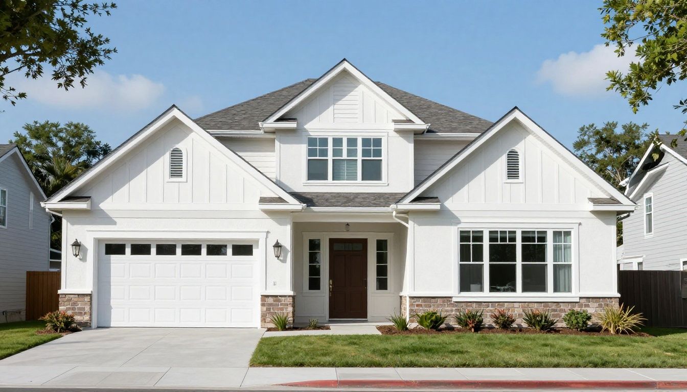 A clean and modern suburban home with beautifully finished exterior stucco siding and sharp architectural lines.