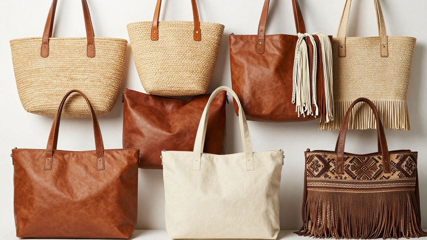 Assortment of Free People tote bags in various styles.