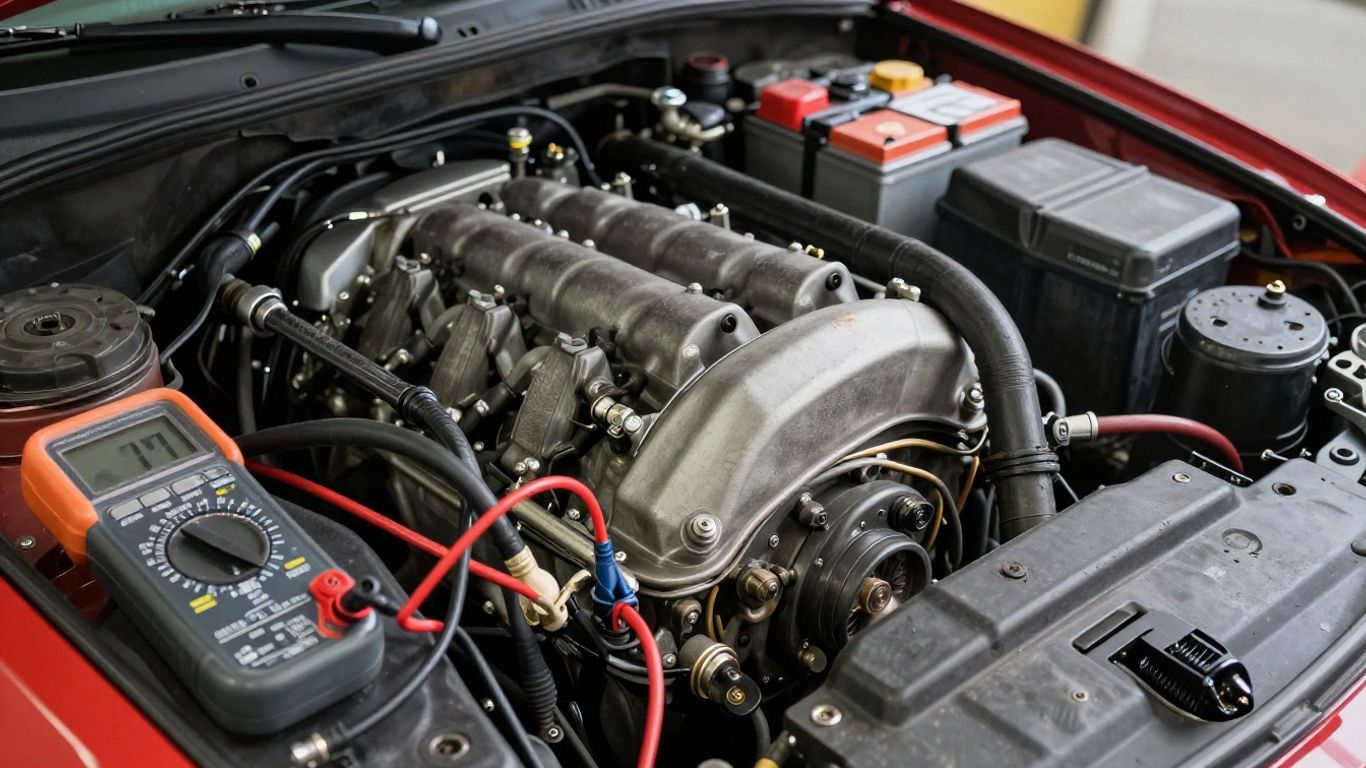 Battery and multimeter beside MG engine