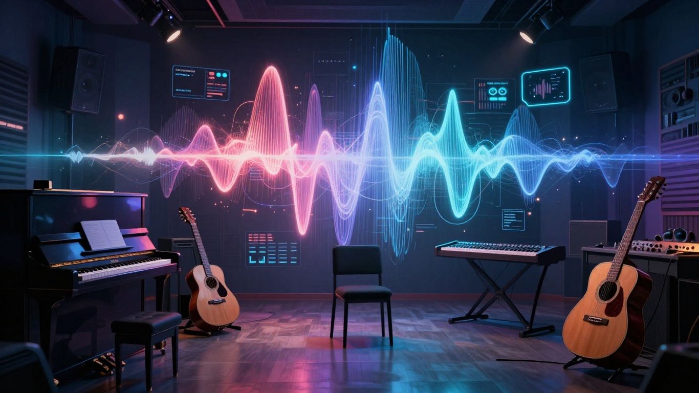 Futuristic music studio with sound waves and instruments.