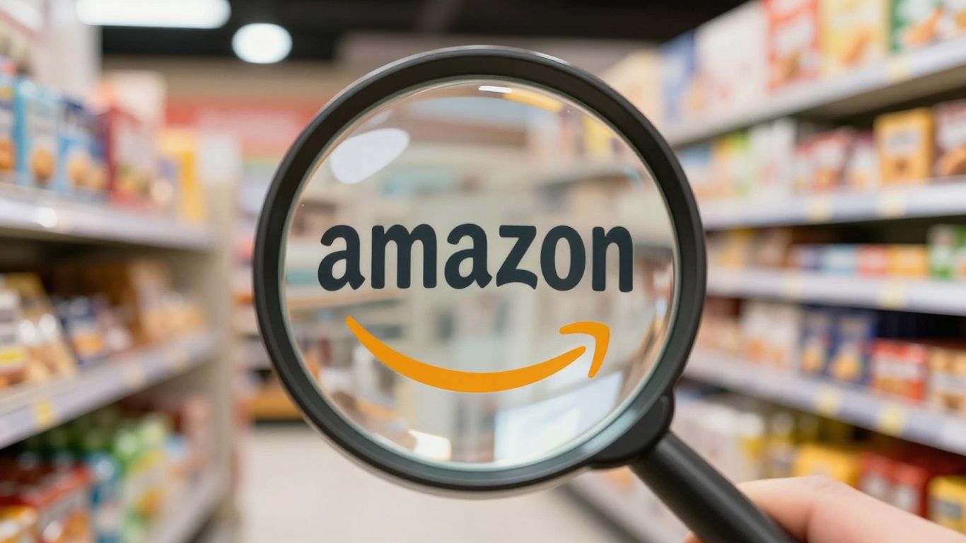 Magnifying glass over Amazon logo, product shelves background.